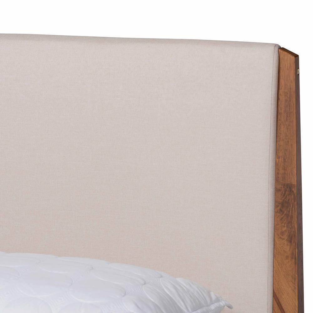 Lenora Mid-Century Modern Beige Fabric Upholstered and Walnut Brown Finished Wood King Size Platform Bed FredCo