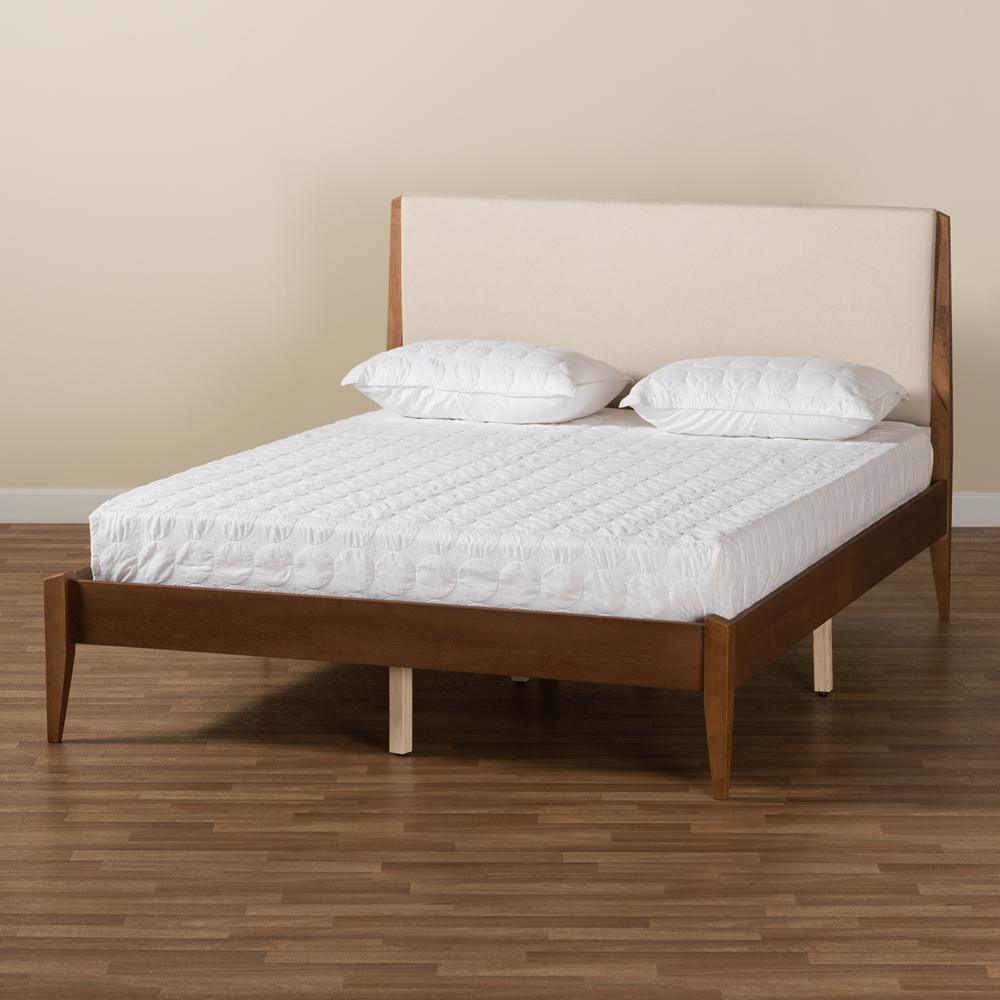 Lenora Mid-Century Modern Beige Fabric Upholstered and Walnut Brown Finished Wood King Size Platform Bed FredCo