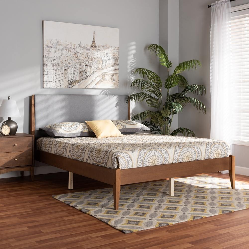 Lenora Mid-Century Modern Grey Fabric Upholstered and Walnut Brown Finished Wood King Size Platform Bed FredCo