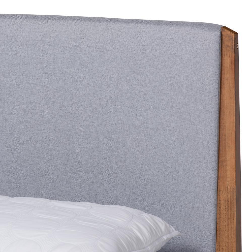 Lenora Mid-Century Modern Grey Fabric Upholstered and Walnut Brown Finished Wood King Size Platform Bed FredCo