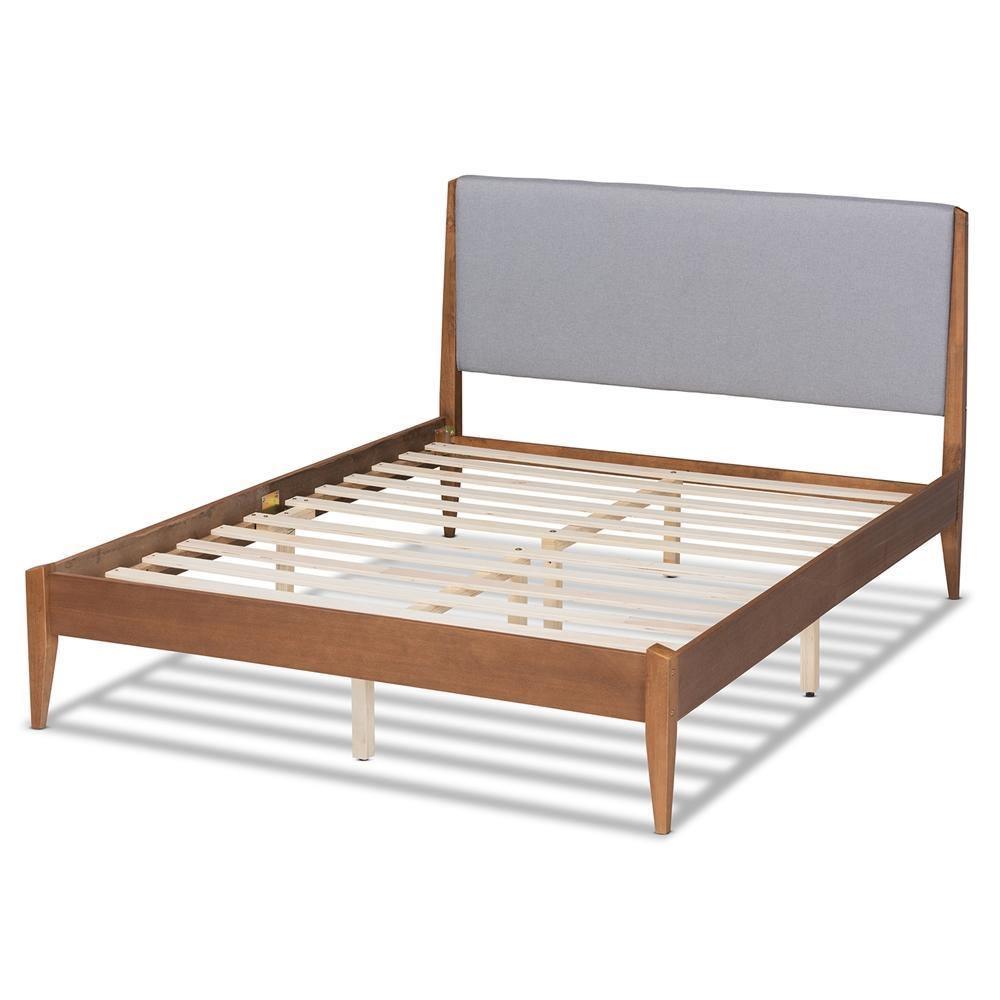 Lenora Mid-Century Modern Grey Fabric Upholstered and Walnut Brown Finished Wood King Size Platform Bed FredCo