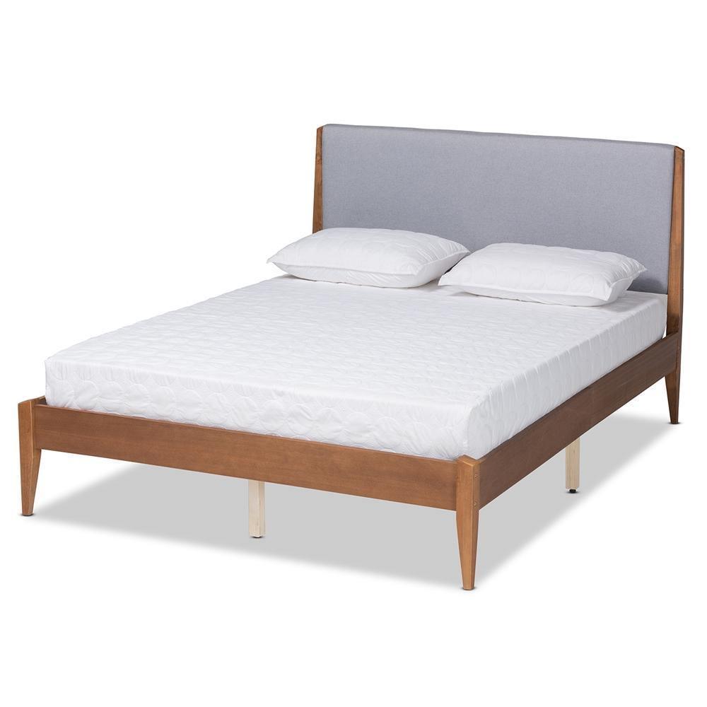 Lenora Mid-Century Modern Grey Fabric Upholstered and Walnut Brown Finished Wood King Size Platform Bed FredCo