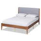 Lenora Mid-Century Modern Grey Fabric Upholstered and Walnut Brown Finished Wood King Size Platform Bed FredCo