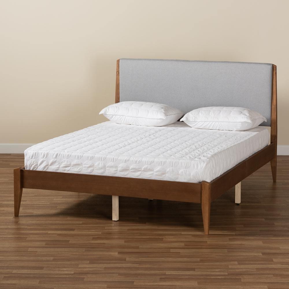 Lenora Mid-Century Modern Grey Fabric Upholstered and Walnut Brown Finished Wood King Size Platform Bed FredCo