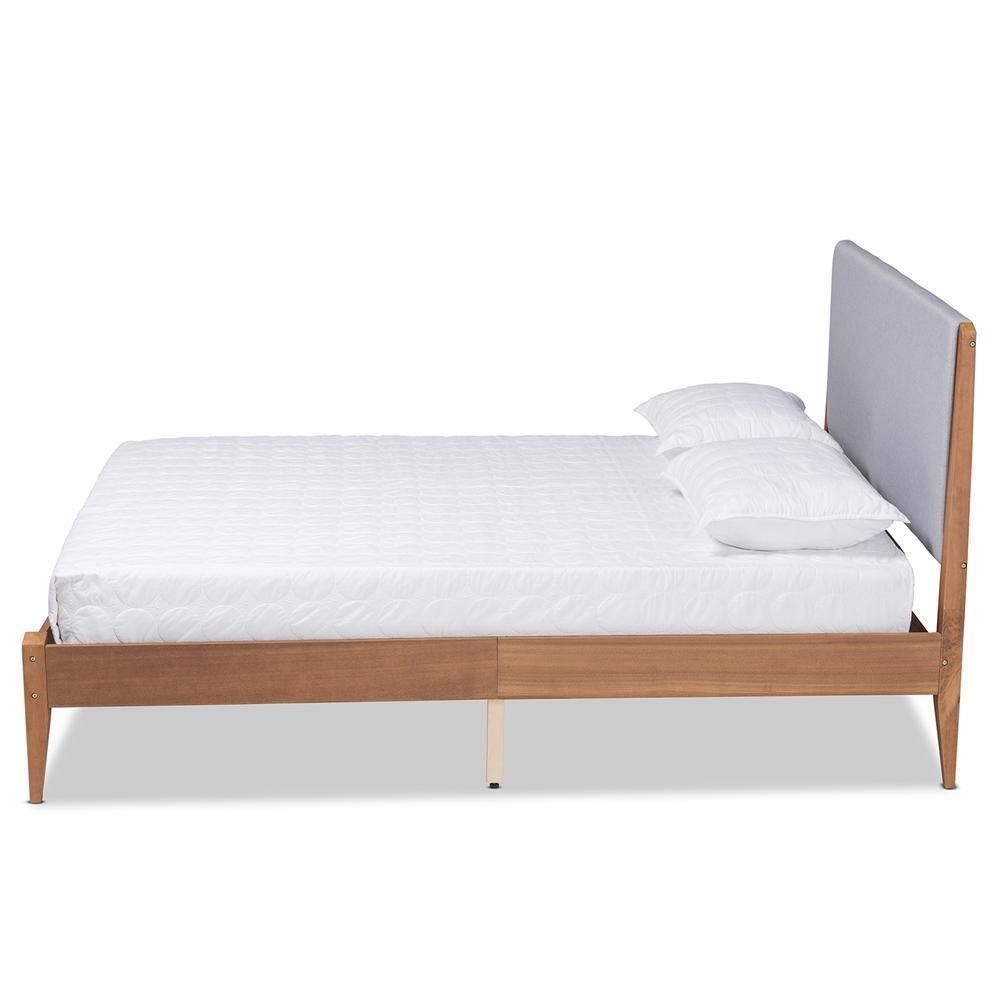 Lenora Mid-Century Modern Grey Fabric Upholstered and Walnut Brown Finished Wood Queen Size Platform Bed FredCo