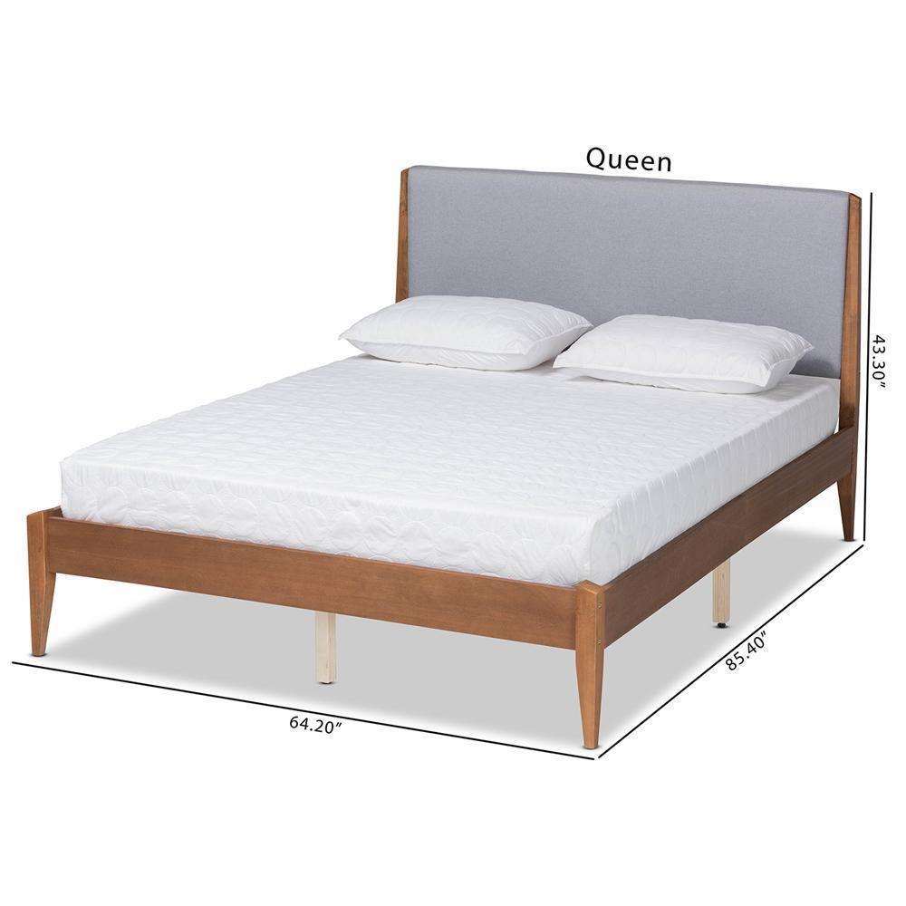 Lenora Mid-Century Modern Grey Fabric Upholstered and Walnut Brown Finished Wood Queen Size Platform Bed FredCo