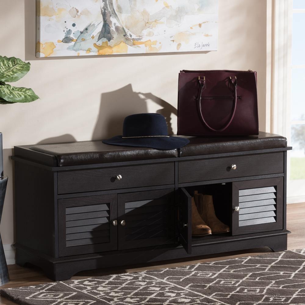 Leo Modern and Contemporary Dark Brown Wood 2-Drawer Shoe Storage Bench FredCo