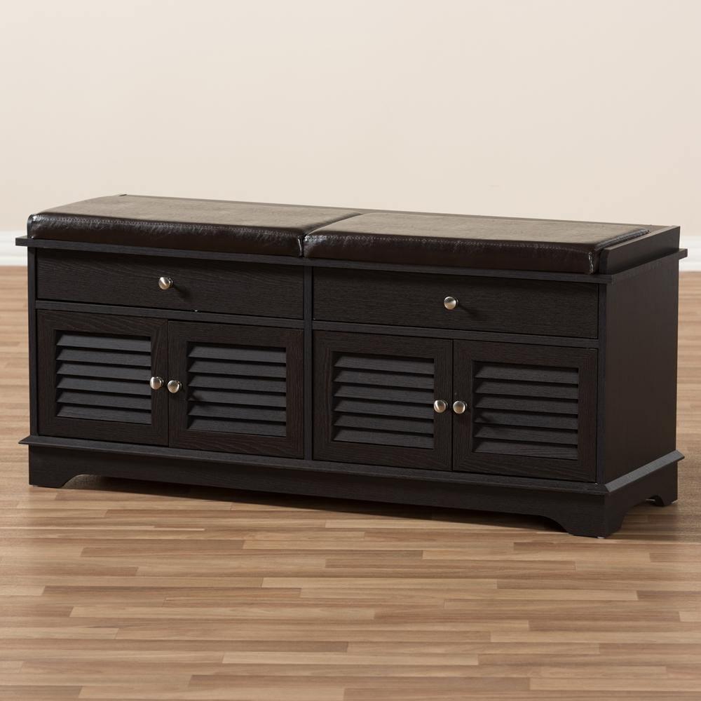 Leo Modern and Contemporary Dark Brown Wood 2-Drawer Shoe Storage Bench FredCo