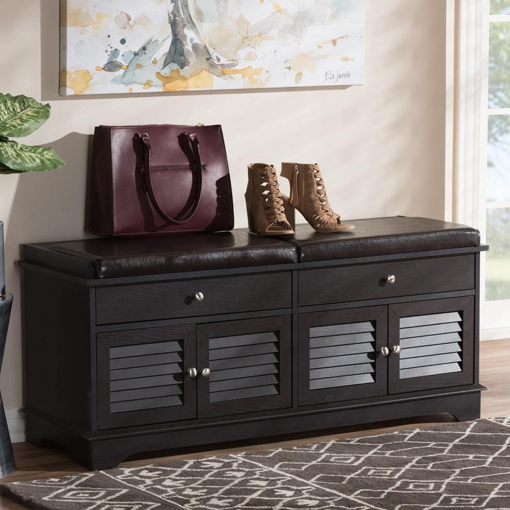 Leo Modern and Contemporary Dark Brown Wood 2-Drawer Shoe Storage Bench FredCo