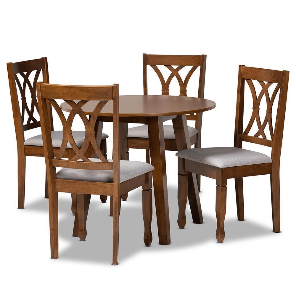 Leon Modern and Contemporary Grey Fabric Upholstered and Walnut Brown Finished Wood 5-Piece Dining Set FredCo