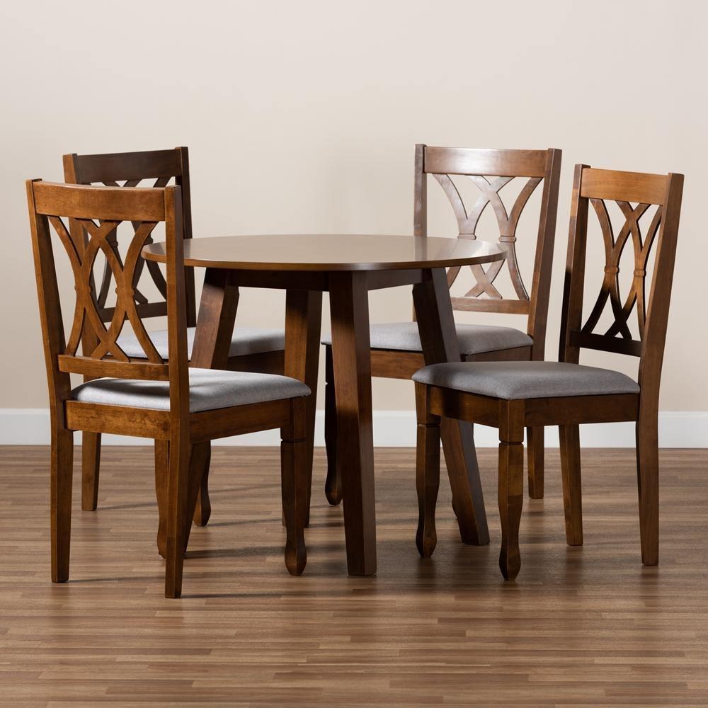 Leon Modern and Contemporary Grey Fabric Upholstered and Walnut Brown Finished Wood 5-Piece Dining Set FredCo