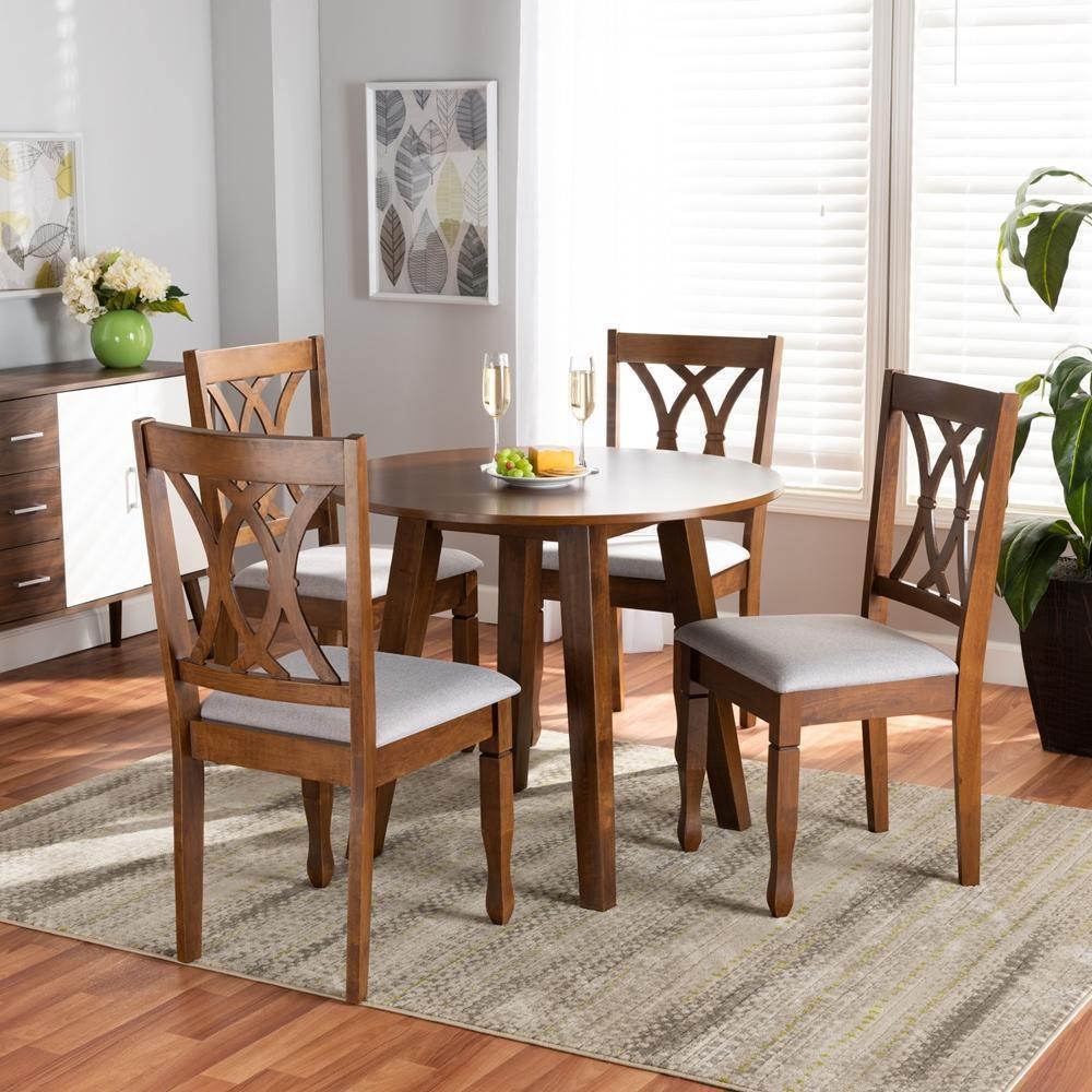 Leon Modern and Contemporary Grey Fabric Upholstered and Walnut Brown Finished Wood 5-Piece Dining Set FredCo