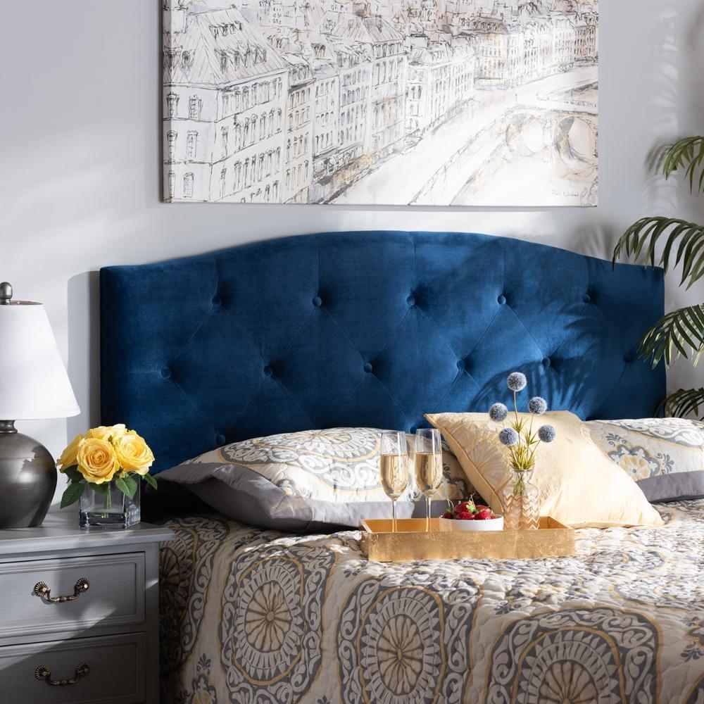 Leone Modern and Contemporary Navy Blue Velvet Fabric Upholstered Full Size Headboard FredCo