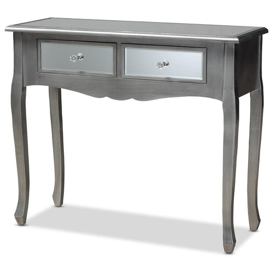 Leonie Modern Transitional French Brushed Silver Finished Wood and Mirrored Glass 2-Drawer Console Table FredCo