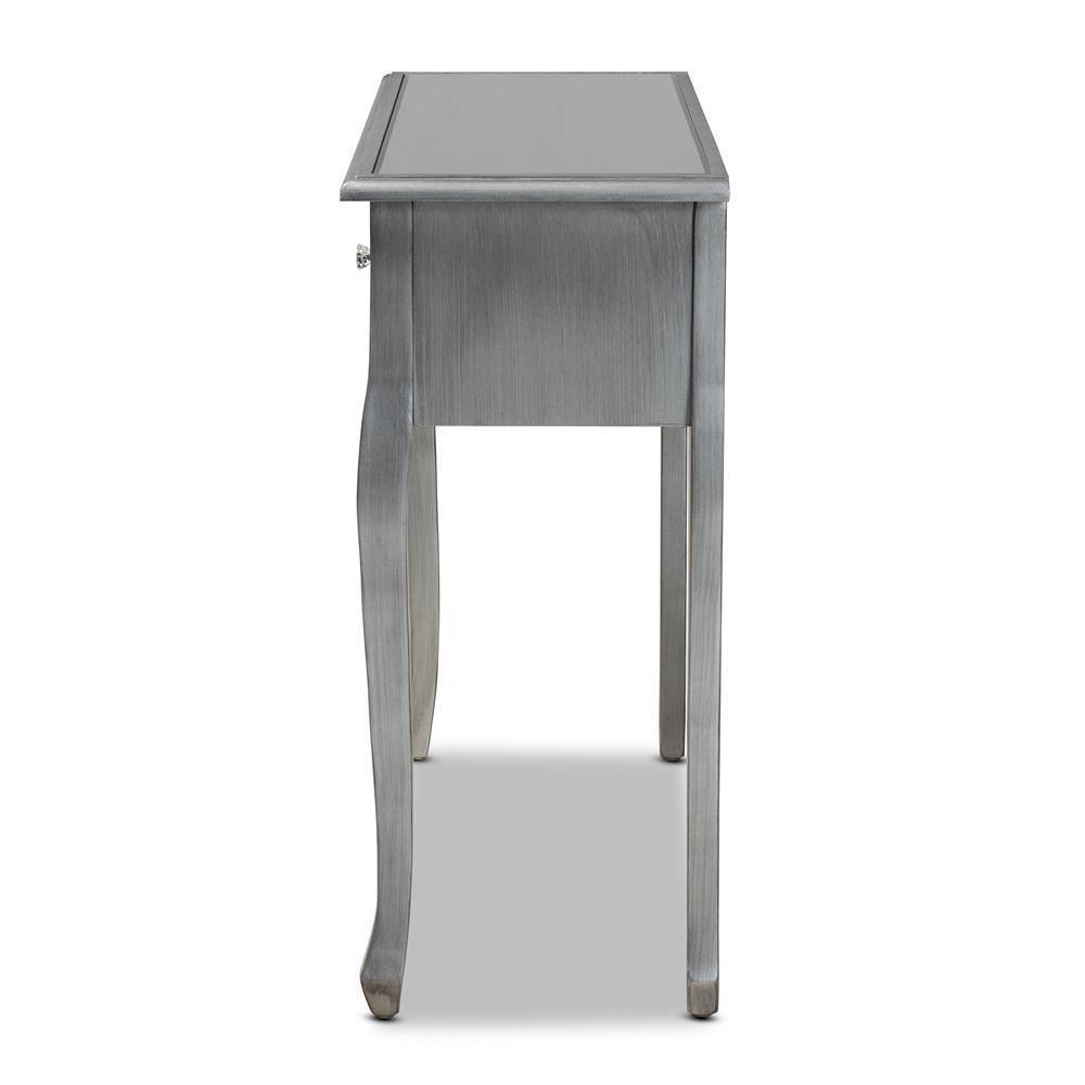 Leonie Modern Transitional French Brushed Silver Finished Wood and Mirrored Glass 2-Drawer Console Table FredCo