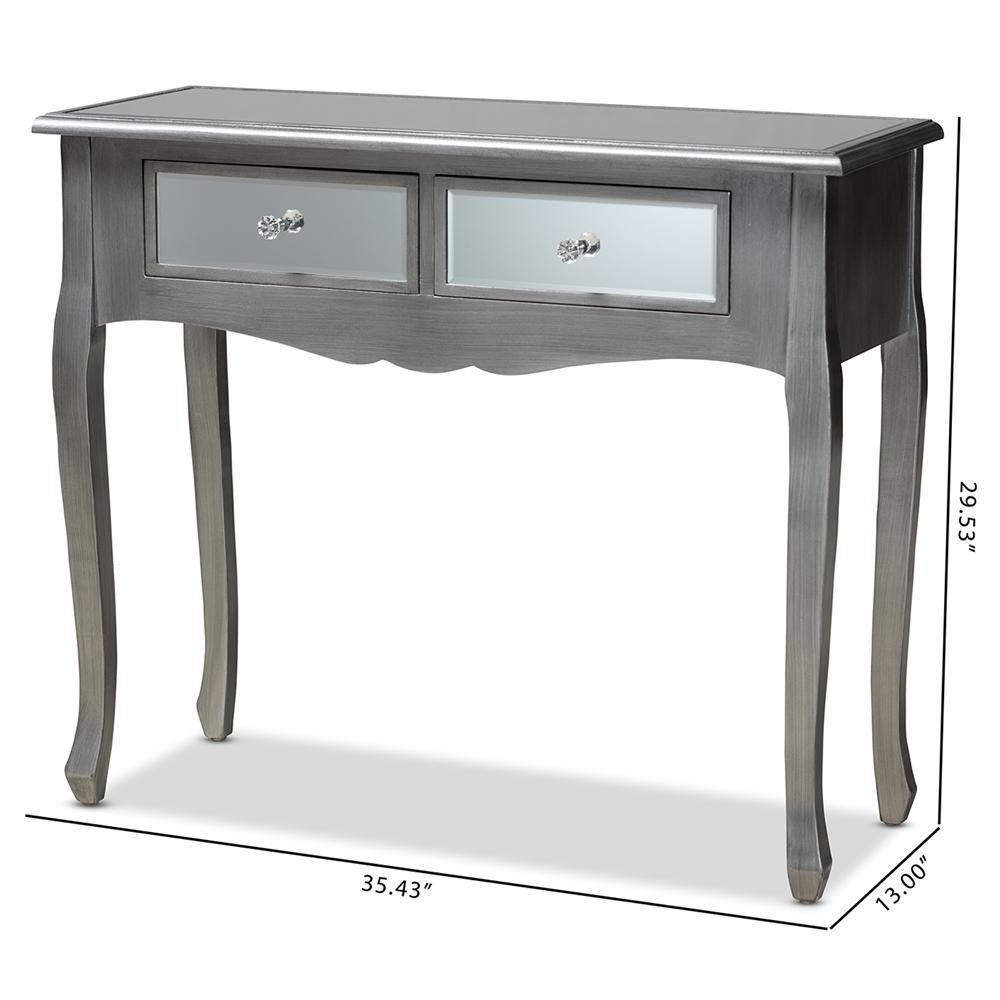 Leonie Modern Transitional French Brushed Silver Finished Wood and Mirrored Glass 2-Drawer Console Table FredCo