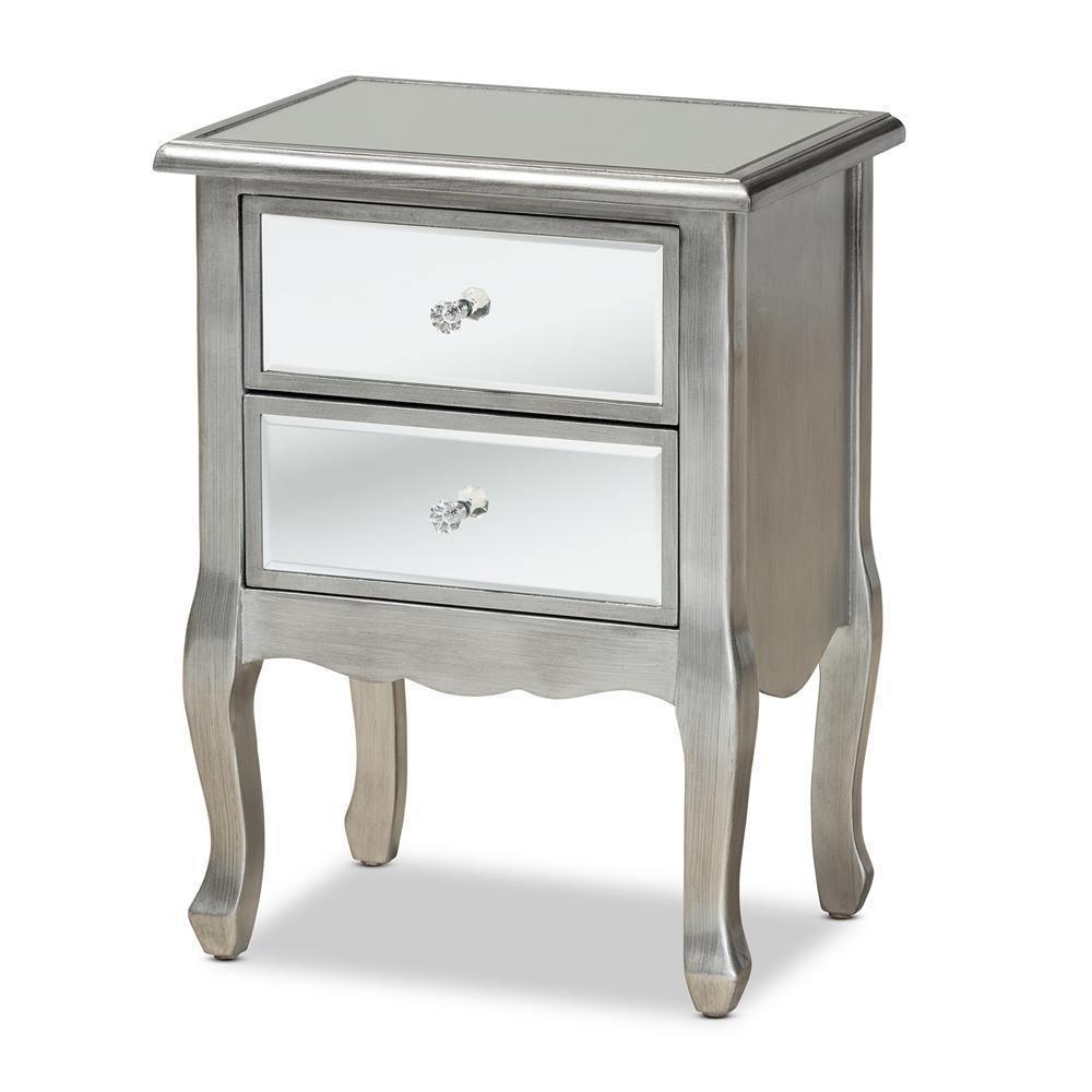 Leonie Modern Transitional French Brushed Silver Finished Wood and Mirrored Glass 2-Drawer Nightstand FredCo