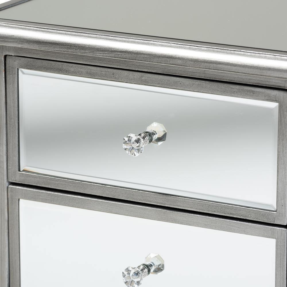Leonie Modern Transitional French Brushed Silver Finished Wood and Mirrored Glass 2-Drawer Nightstand FredCo