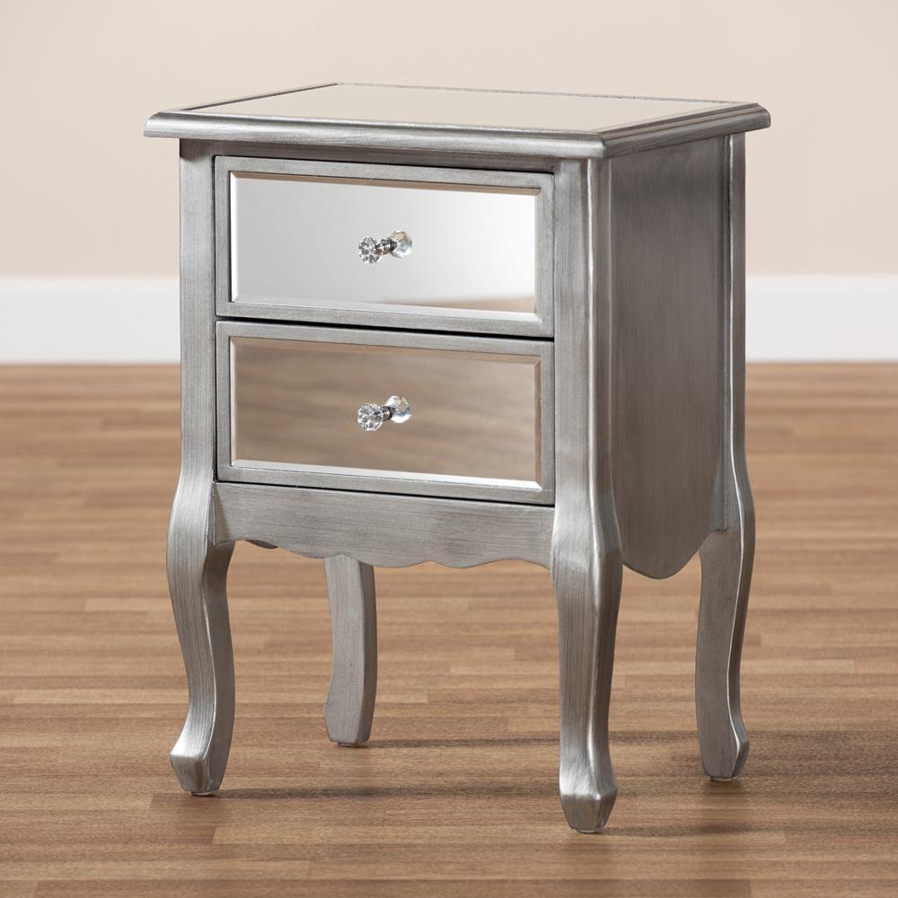 Leonie Modern Transitional French Brushed Silver Finished Wood and Mirrored Glass 2-Drawer Nightstand FredCo