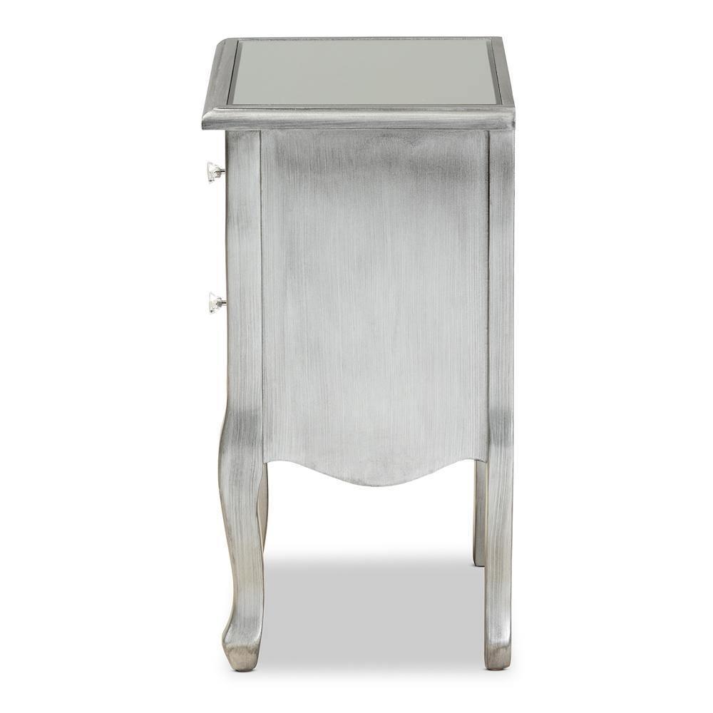 Leonie Modern Transitional French Brushed Silver Finished Wood and Mirrored Glass 2-Drawer Nightstand FredCo