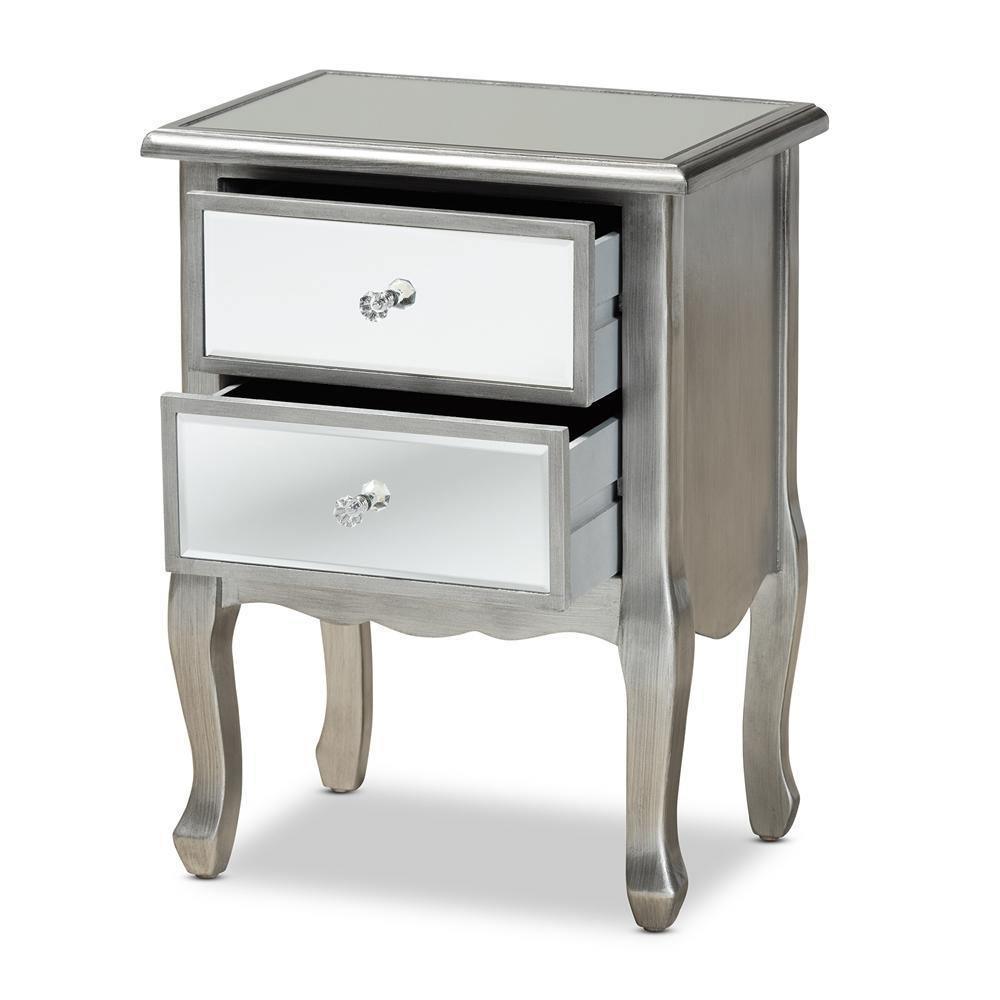 Leonie Modern Transitional French Brushed Silver Finished Wood and Mirrored Glass 2-Drawer Nightstand FredCo