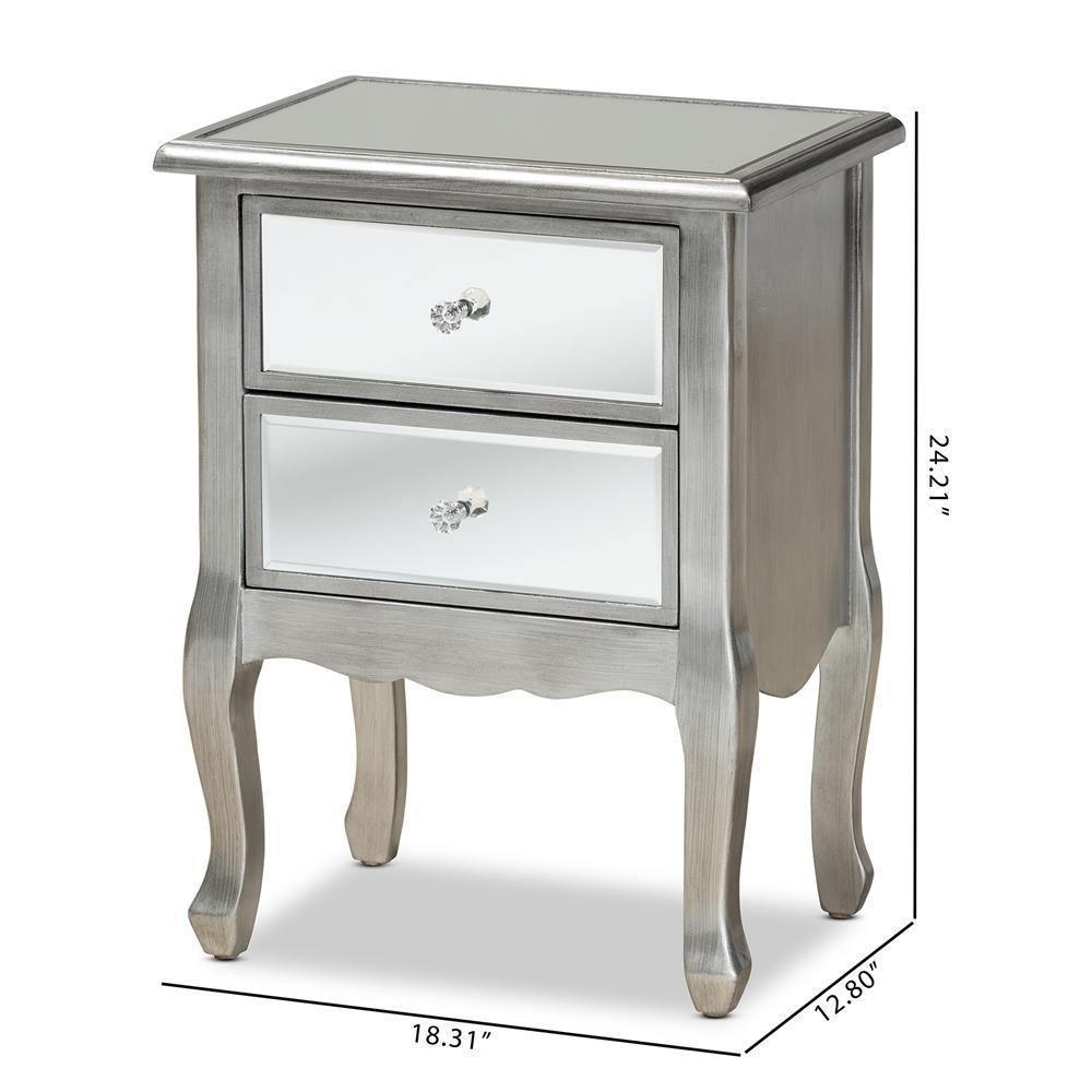 Leonie Modern Transitional French Brushed Silver Finished Wood and Mirrored Glass 2-Drawer Nightstand FredCo