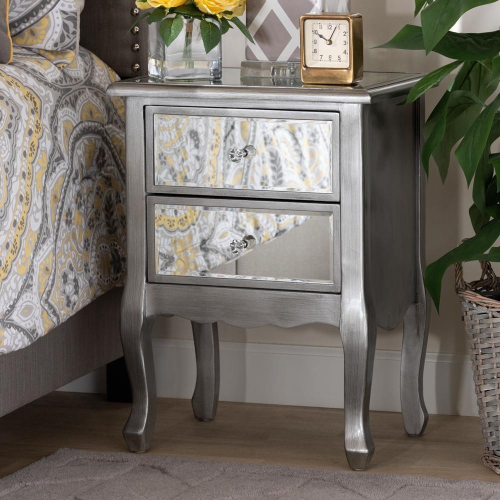 Leonie Modern Transitional French Brushed Silver Finished Wood and Mirrored Glass 2-Drawer Nightstand FredCo