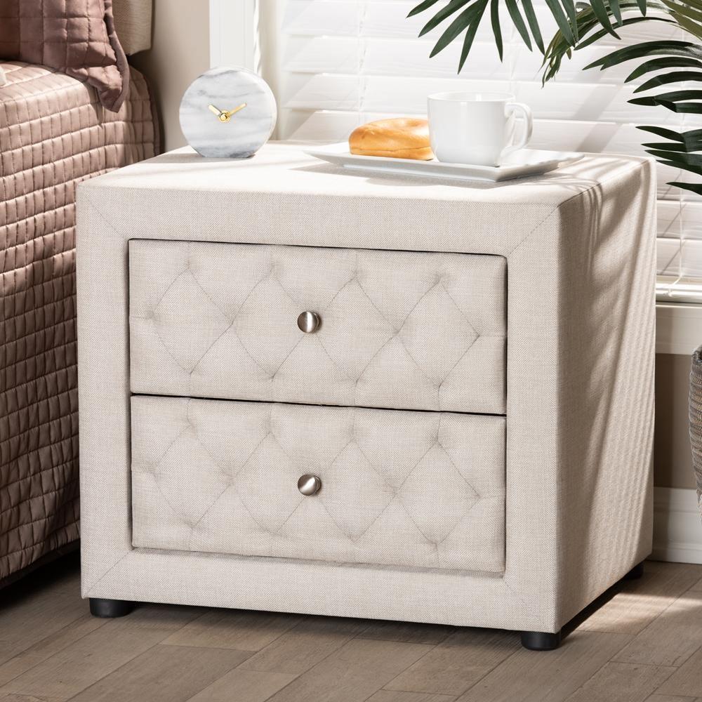 Lepine Modern and Contemporary Light Beige Fabric Upholstered 2-Drawer Wood Nightstand FredCo