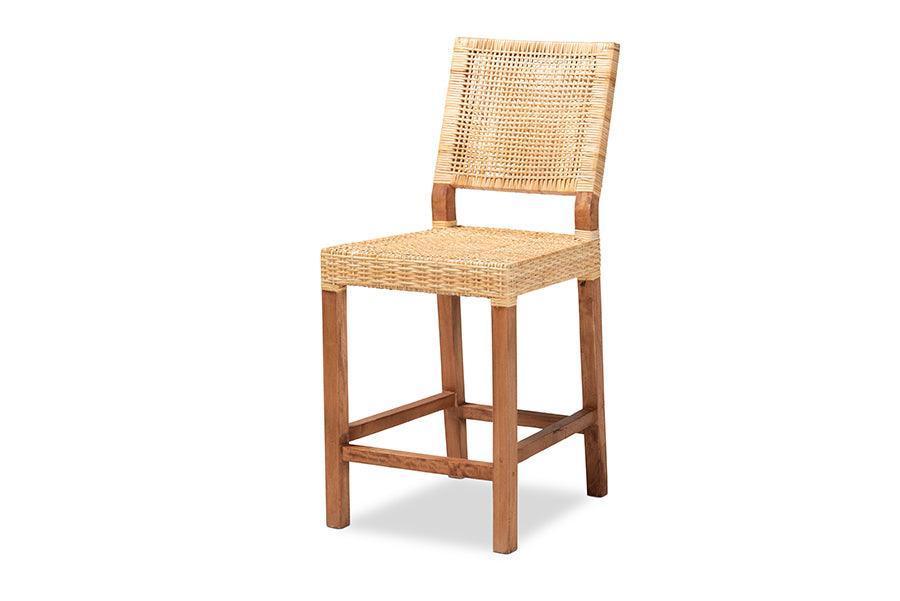 Lesia Modern Bohemian Natural Brown Rattan and Walnut Brown Finished Wood Counter Stool FredCo