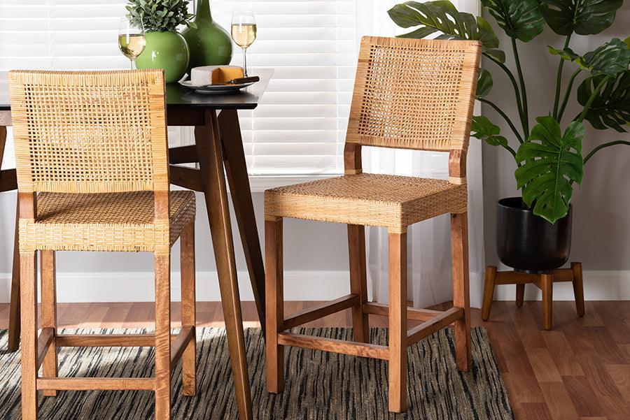 Lesia Modern Bohemian Natural Brown Rattan and Walnut Brown Finished Wood Counter Stool FredCo