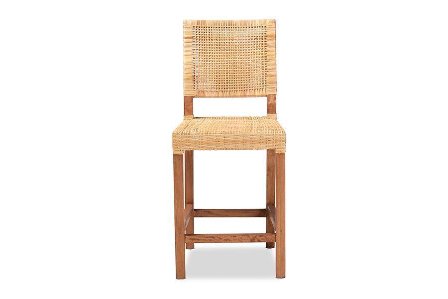 Lesia Modern Bohemian Natural Brown Rattan and Walnut Brown Finished Wood Counter Stool FredCo