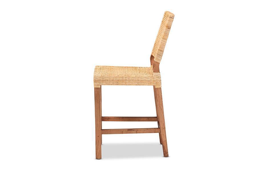 Lesia Modern Bohemian Natural Brown Rattan and Walnut Brown Finished Wood Counter Stool FredCo