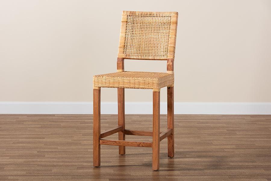 Lesia Modern Bohemian Natural Brown Rattan and Walnut Brown Finished Wood Counter Stool FredCo