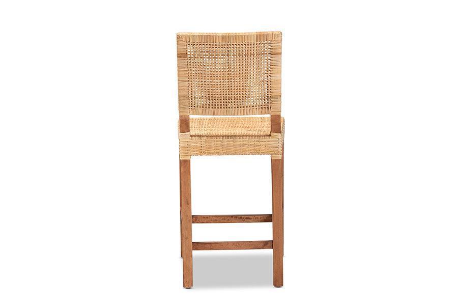 Lesia Modern Bohemian Natural Brown Rattan and Walnut Brown Finished Wood Counter Stool FredCo