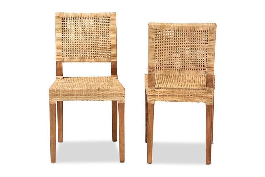 Lesia Modern Bohemian Natural Brown Rattan and Walnut Brown Finished Wood Dining Chair FredCo