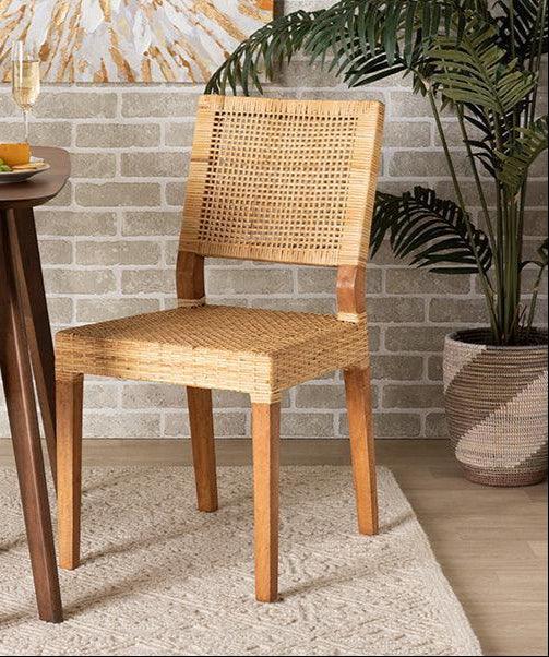 Lesia Modern Bohemian Natural Brown Rattan and Walnut Brown Finished Wood Dining Chair FredCo