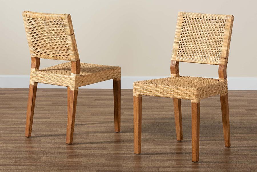 Lesia Modern Bohemian Natural Brown Rattan and Walnut Brown Finished Wood Dining Chair FredCo