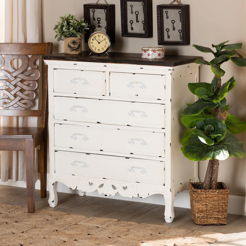 Levron Classic and Traditional Two-Tone Walnut Brown and Antique White Finished Wood 5-Drawer Storage Cabinet FredCo