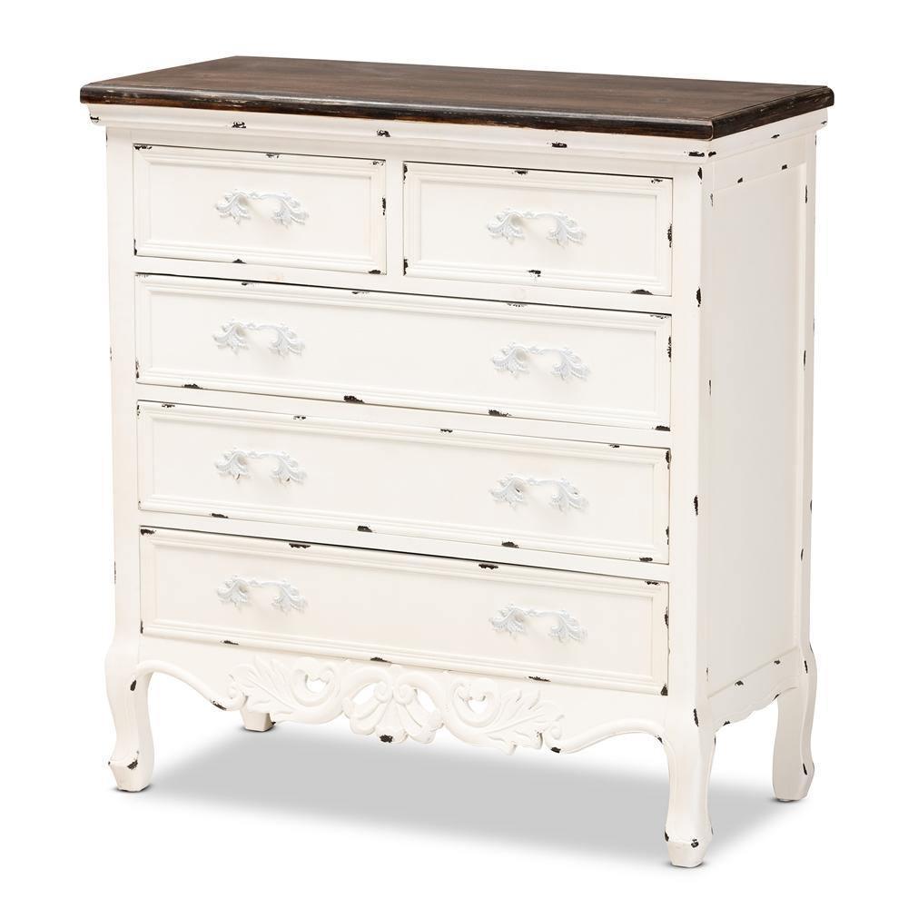 Levron Classic and Traditional Two-Tone Walnut Brown and Antique White Finished Wood 5-Drawer Storage Cabinet FredCo