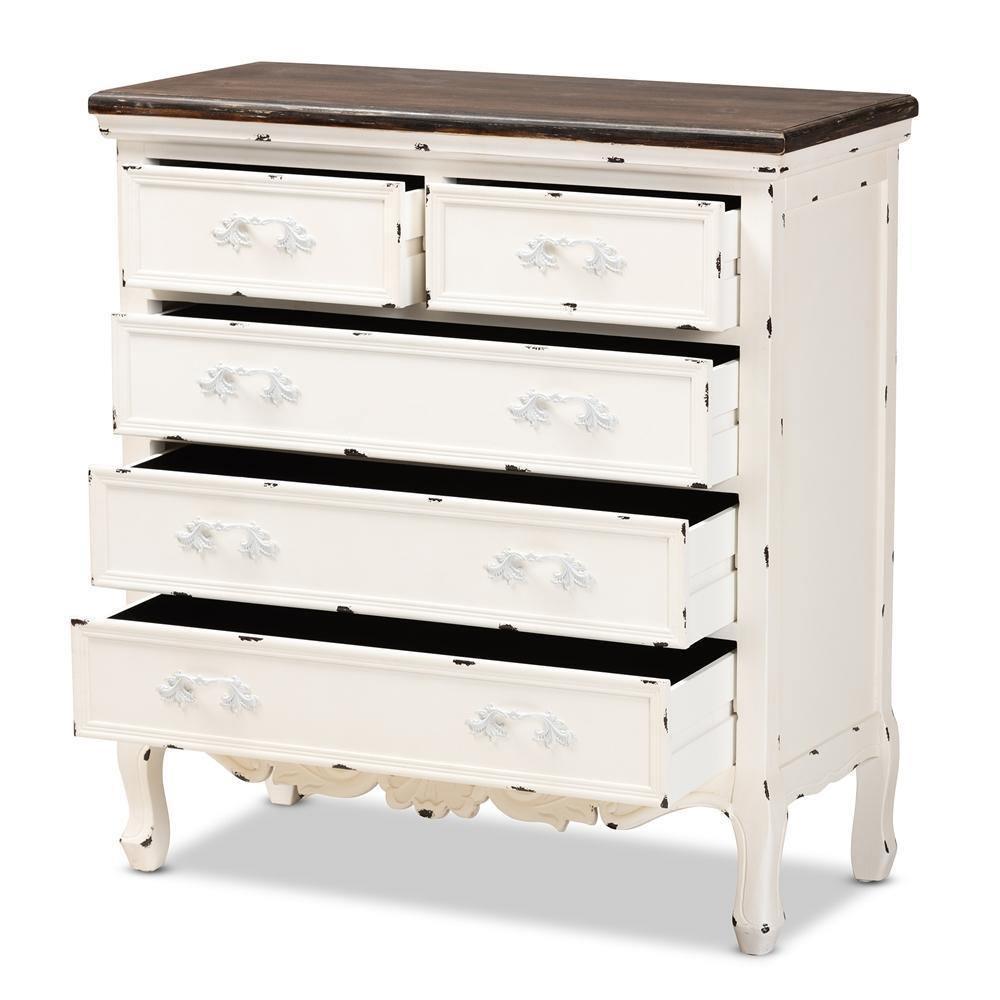Levron Classic and Traditional Two-Tone Walnut Brown and Antique White Finished Wood 5-Drawer Storage Cabinet FredCo