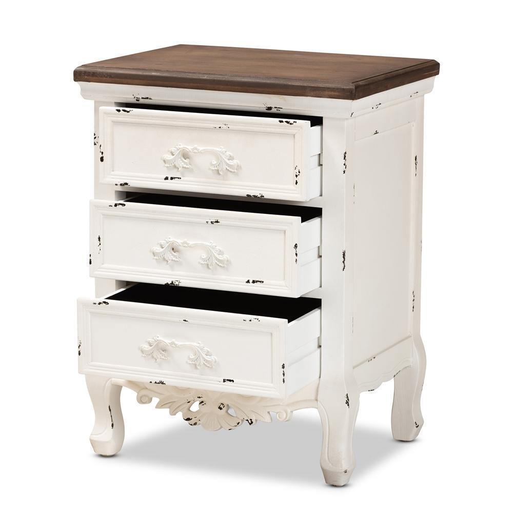 Levron Classic and Traditional Walnut Brown and Antique White Finished Wood 3-Drawer Nightstand FredCo