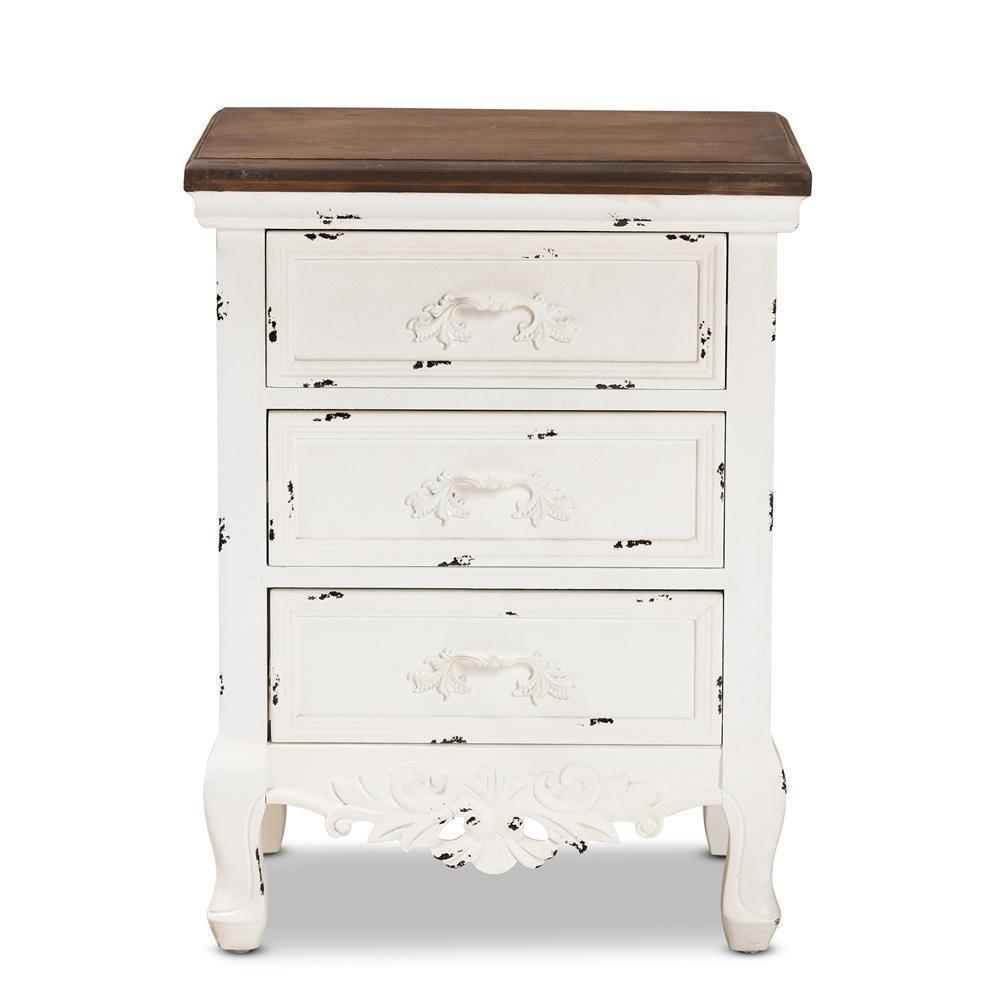 Levron Classic and Traditional Walnut Brown and Antique White Finished Wood 3-Drawer Nightstand FredCo