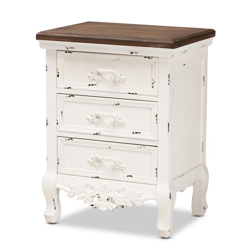 Levron Classic and Traditional Walnut Brown and Antique White Finished Wood 3-Drawer Nightstand FredCo
