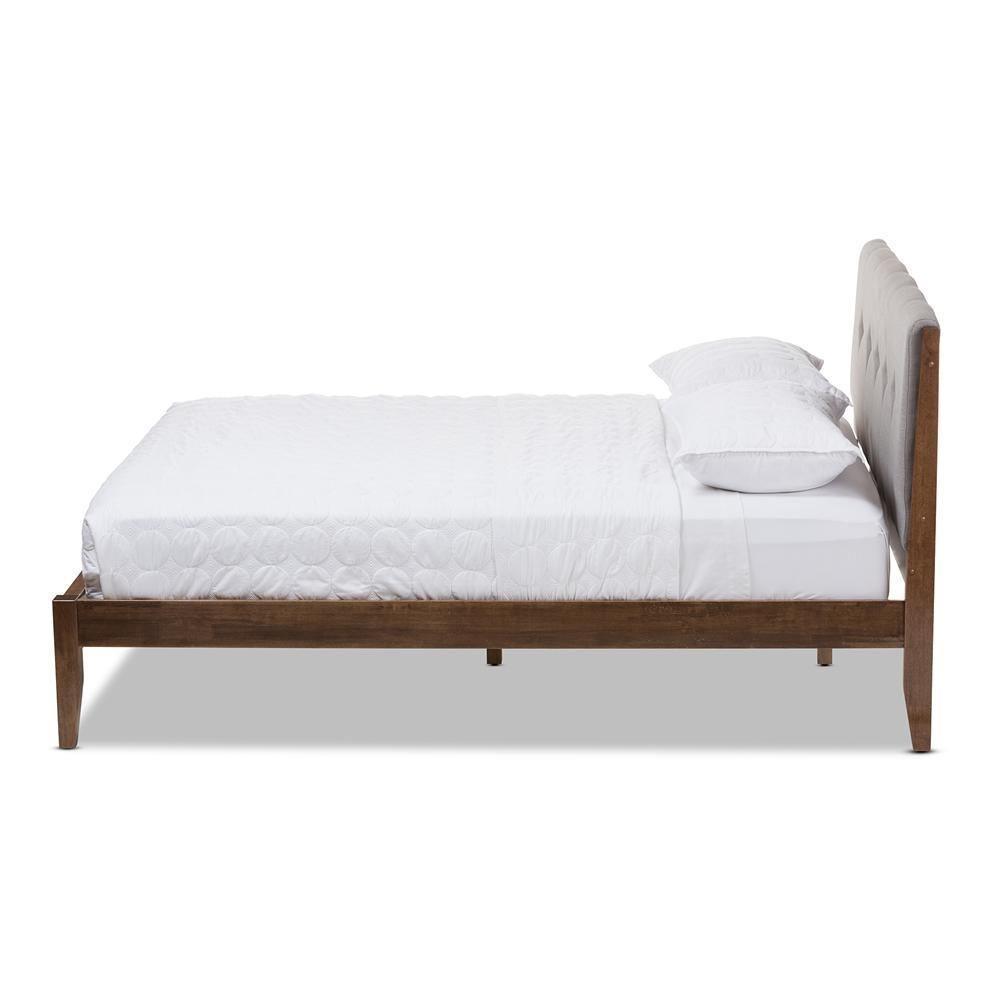 Leyton Mid-Century Light Grey Fabric and Medium Brown Finish Wood King Size Platform Bed FredCo