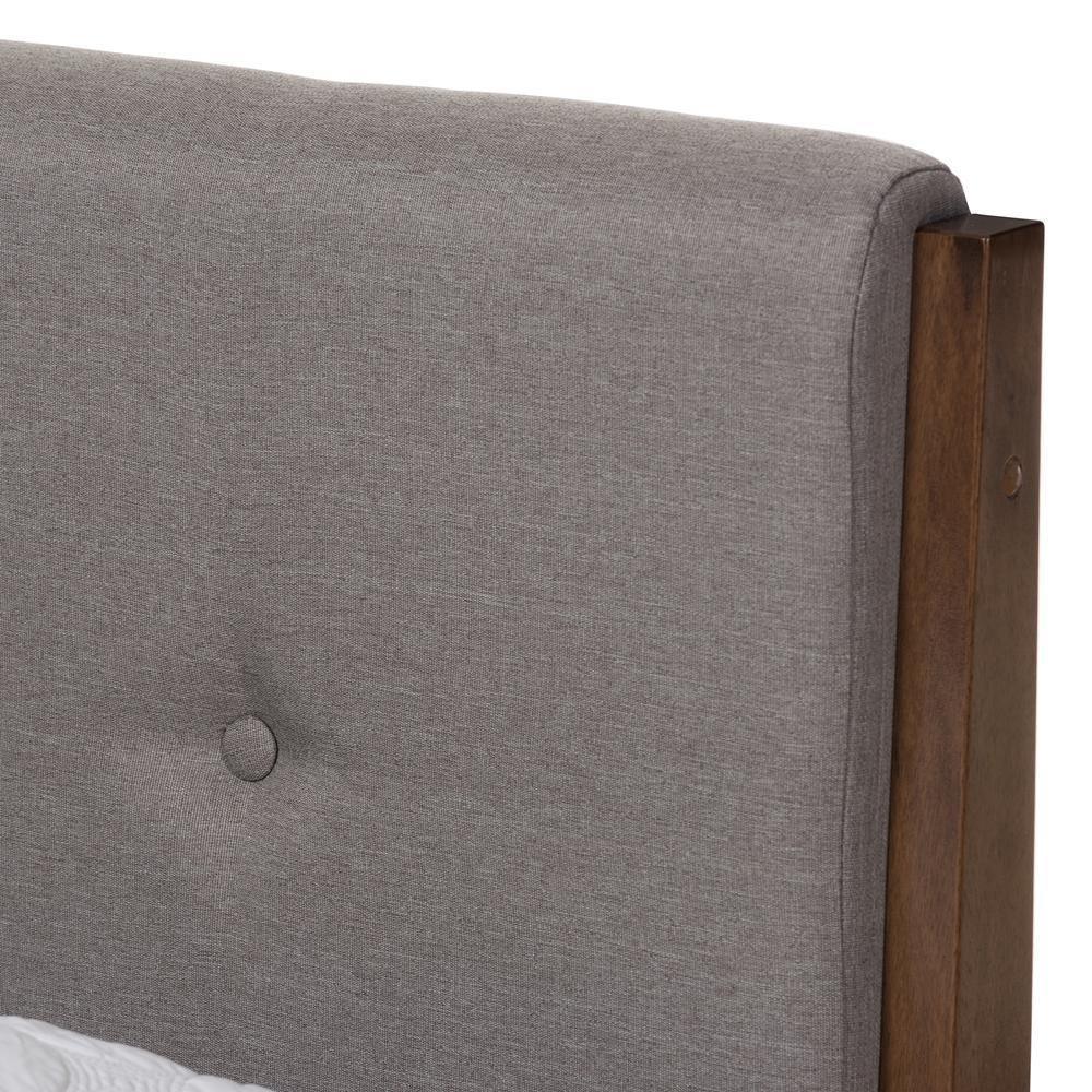 Leyton Mid-Century Light Grey Fabric and Medium Brown Finish Wood King Size Platform Bed FredCo
