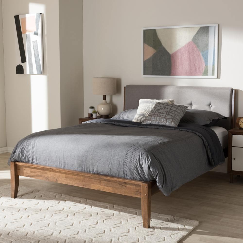 Leyton Mid-Century Light Grey Fabric and Medium Brown Finish Wood King Size Platform Bed FredCo