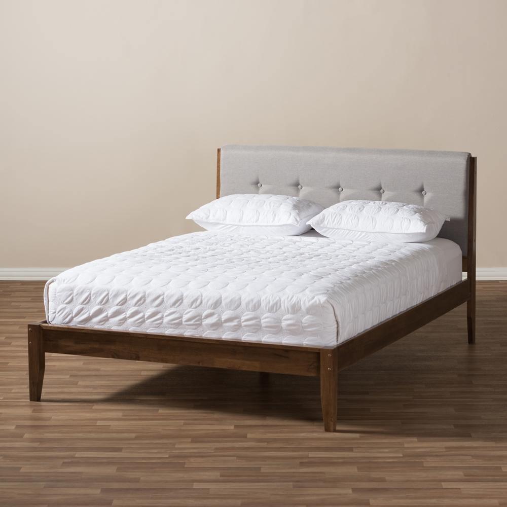 Leyton Mid-Century Light Grey Fabric and Medium Brown Finish Wood King Size Platform Bed FredCo