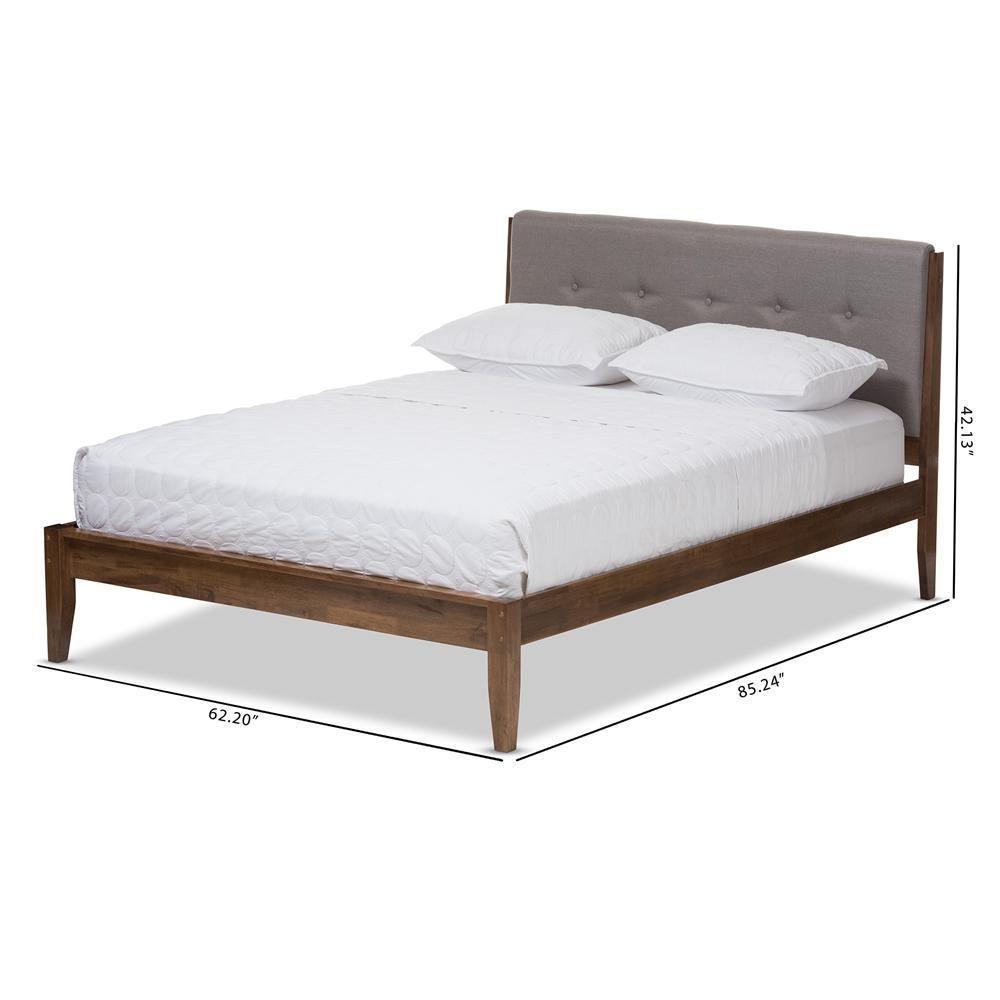 Leyton Mid-Century Light Grey Fabric and Medium Brown Finish Wood King Size Platform Bed FredCo