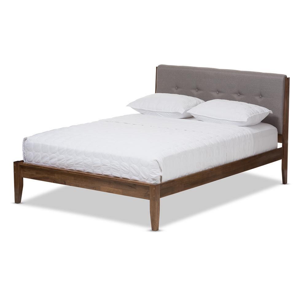 Leyton Mid-Century Light Grey Fabric and Medium Brown Finish Wood King Size Platform Bed FredCo