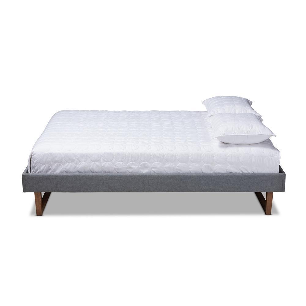 Liliya Mid-Century Modern Dark Grey Fabric Upholstered Walnut Brown Finished Wood Full Size Platform Bed Frame FredCo